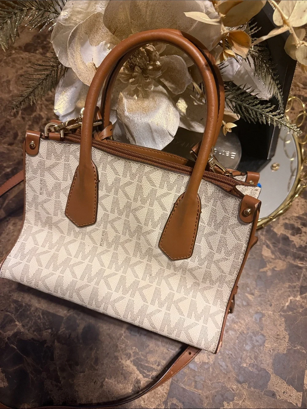Michael Kors Beige/ Brown Logo Small Satchel